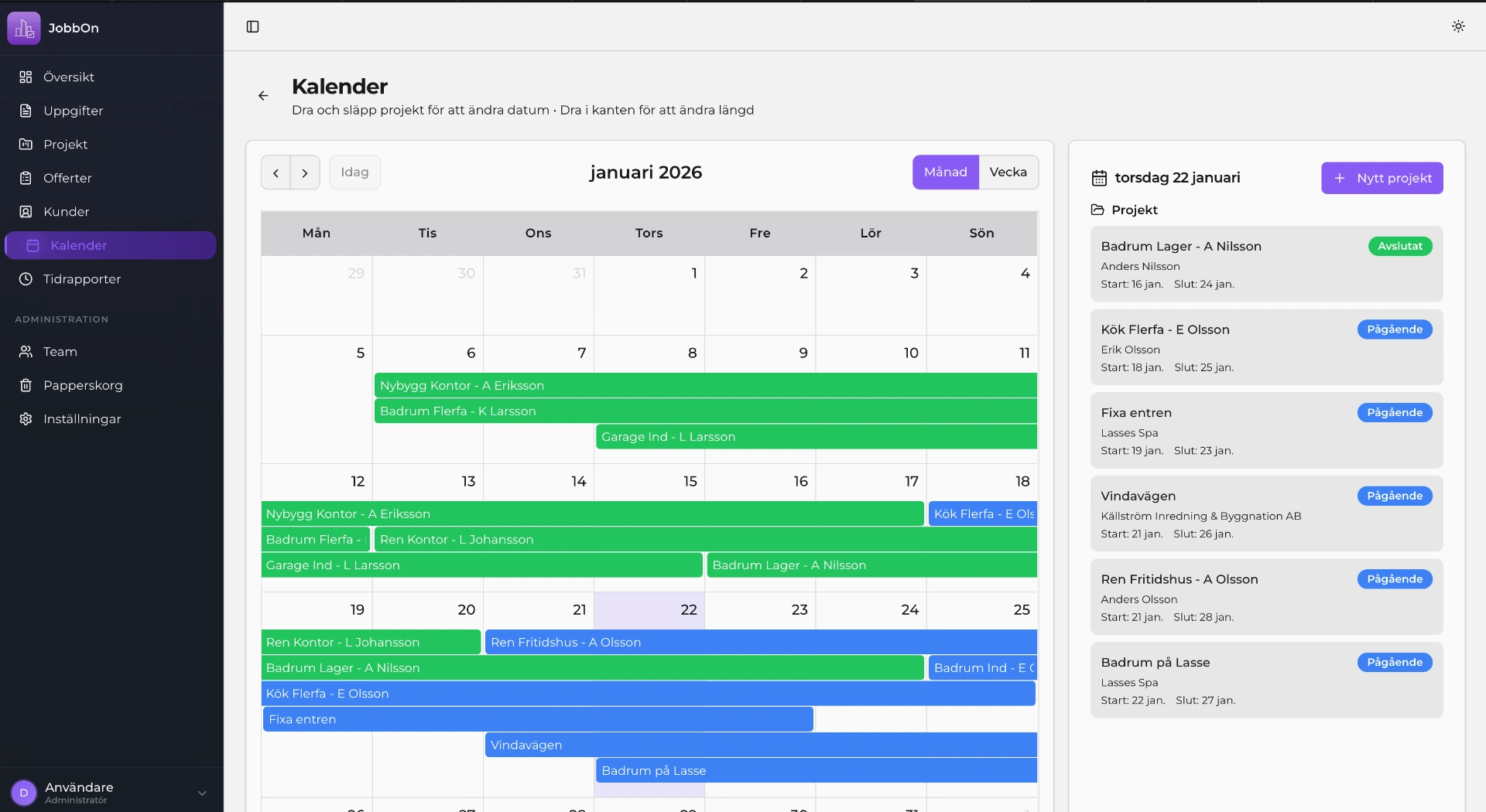 JobbOn projektverktyg för bygg i desktopvy i webbläsaren med kalender och projektplanering