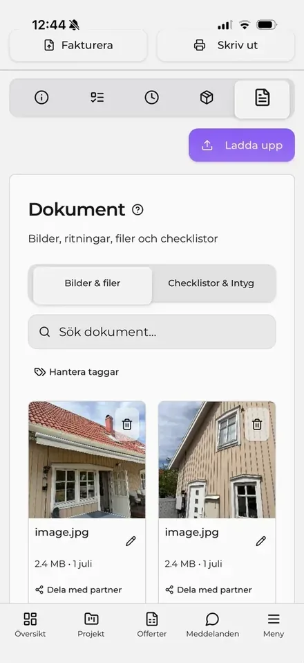 Dokument & checklistor på ett ställe i JobbOn – app för hantverkare och byggföretag