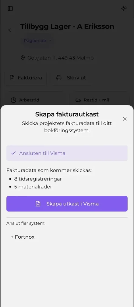 Fakturering till Fortnox & Spiris i JobbOn – app för hantverkare och byggföretag