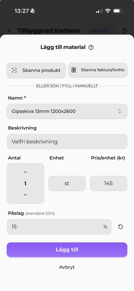 Bokför material på sekunder i JobbOn – app för hantverkare och byggföretag
