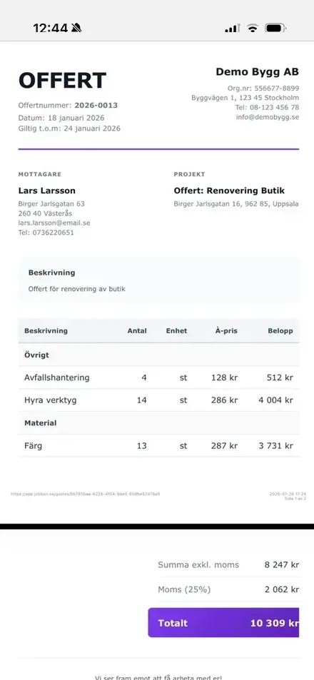Offerter & ÄTA i JobbOn – app för hantverkare och byggföretag